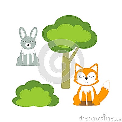 Felt toys. A Fox, a hare, a Bush and a tree. Vector Illustration